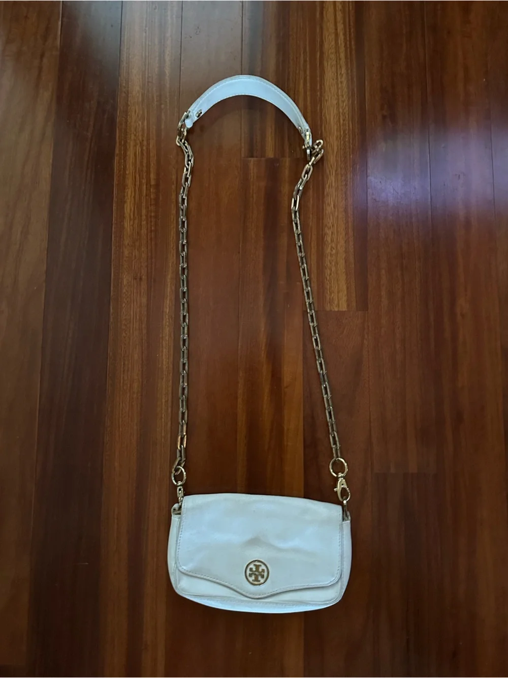 Tory Burch Cream Leather Crossbody with Gold Chain Strap
